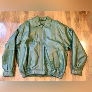 Men's Dark Green Leather Bomber Jacket with Zip Closure